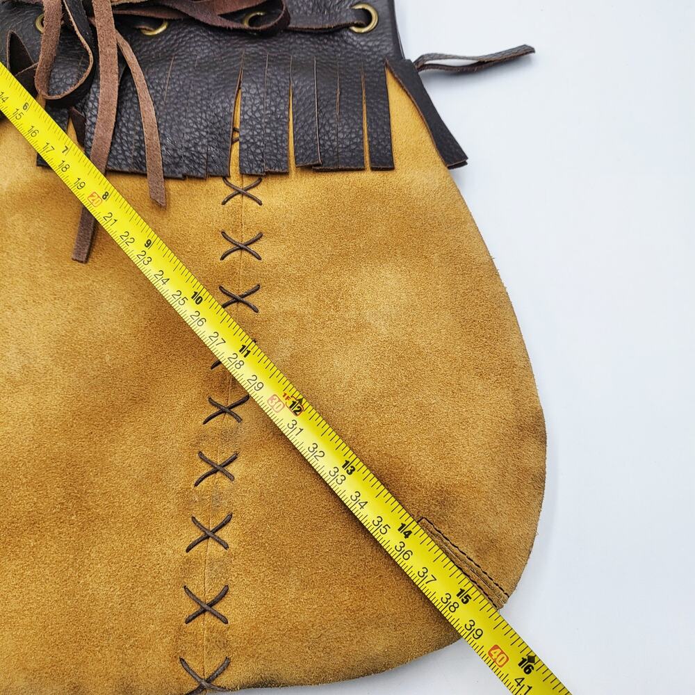 Vintage Inge Sport Boho Yellow Tan Suede Stitched Fringe Accent Shoulder Bag - Picture 11 of 12